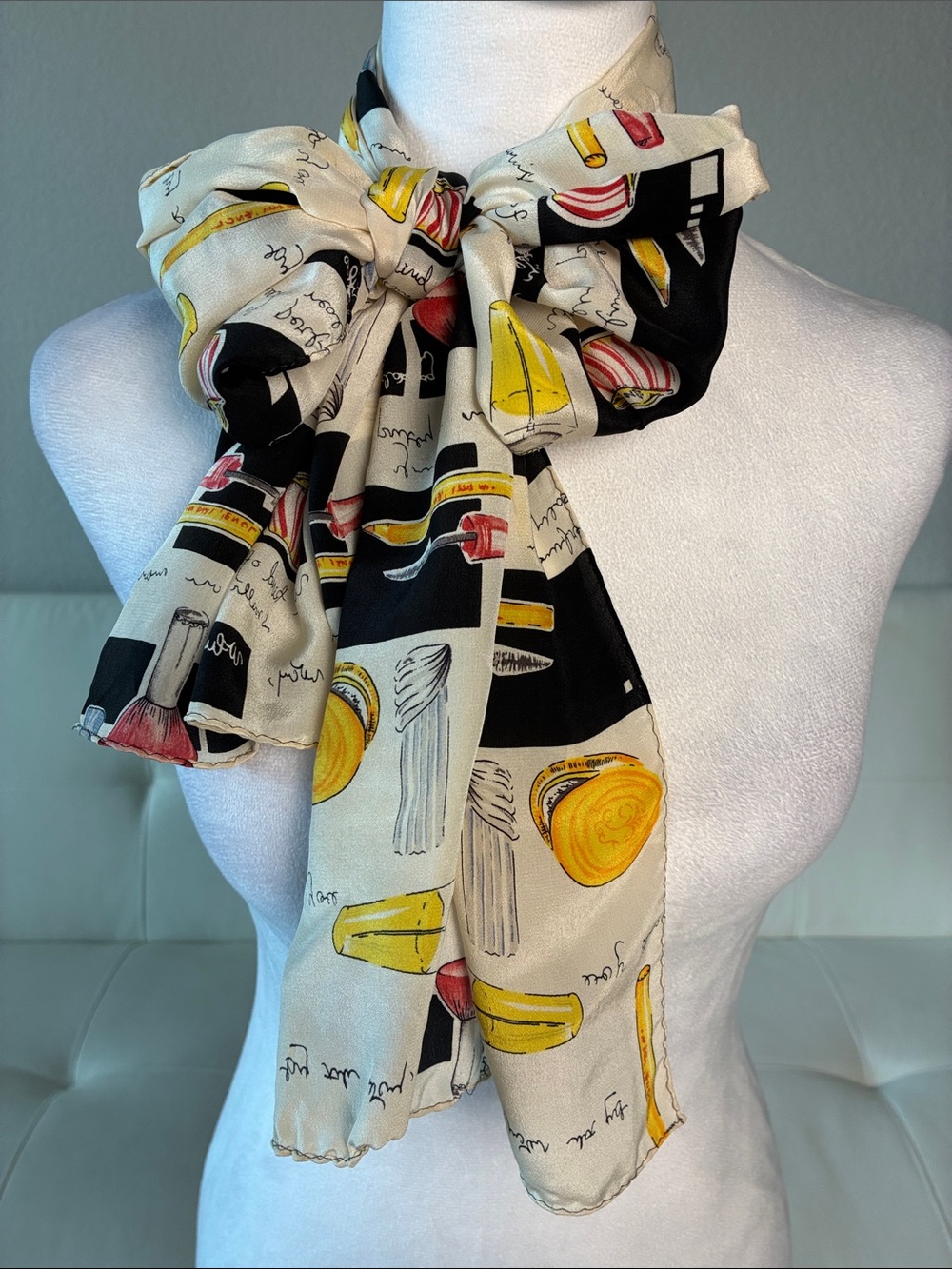 Vintage Silk Women's Scarf with Cosmetic Motif Print in Cream, Black & Yellow